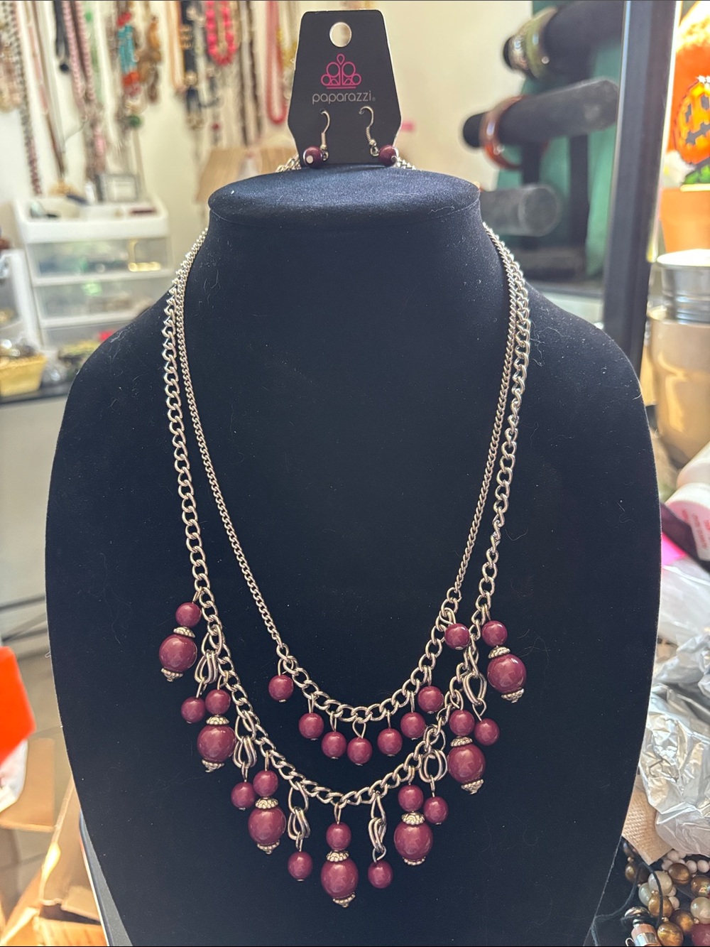 paparazzi Multi-Chain Wine Red Beaded Statement Necklace